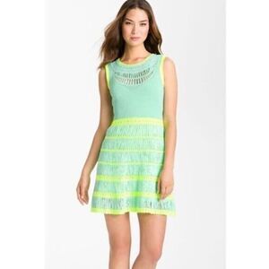 NANETTE LEPORE GREEN YELLOW CROCHET MINI DRESS